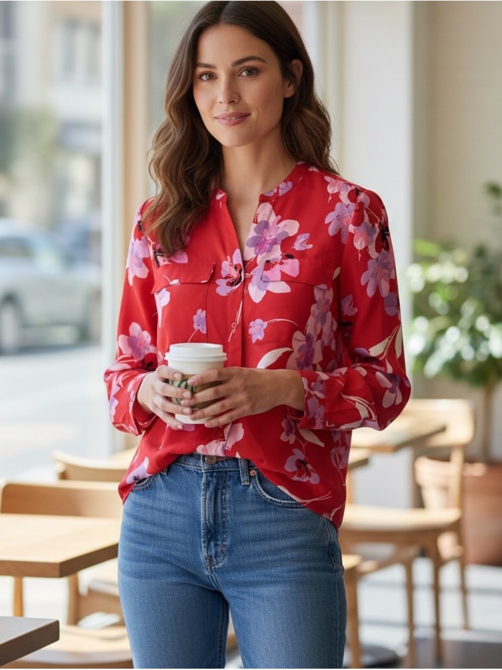 NWT Calvin Klein Vibrant Red Floral V-Neck Roll Tab Sleeves Top Size Small